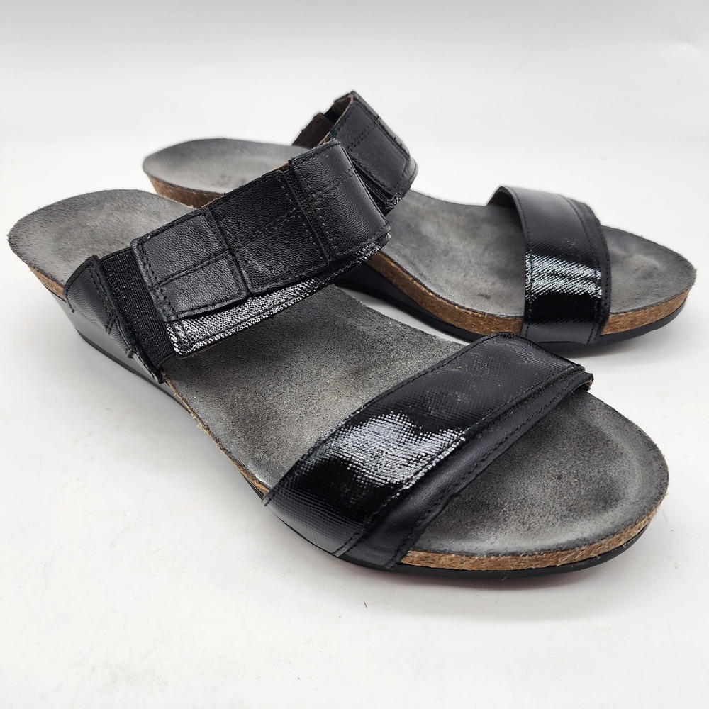 Naot Kayla Wedge‎ Sandals Womens 37 US 6 Black Leather Cork Footbed